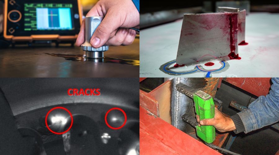 a picture collage showing different types of non destructive testing (eddy current, liquid penetrant, infrared inspection, and magnetic particle)