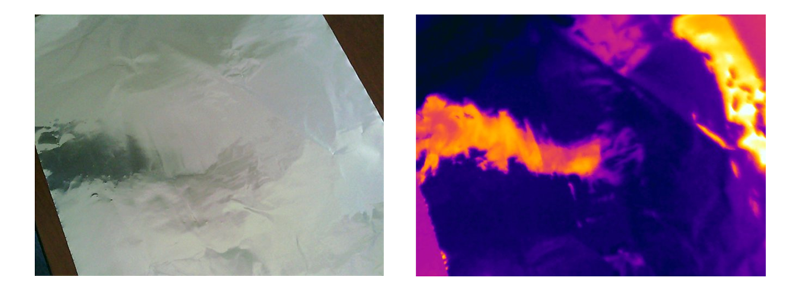Visible and IR images of aluminum foil demonstrate how thermal reflections can interfere with temperature measurements. The IR image displays yellow and orange colors. These colors do not come from heat emitted by the foil. Instead, they are warm reflections from a hand placed over the foil.