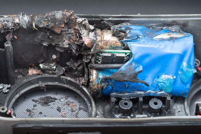 battery that has been destroyed due to fire explosion