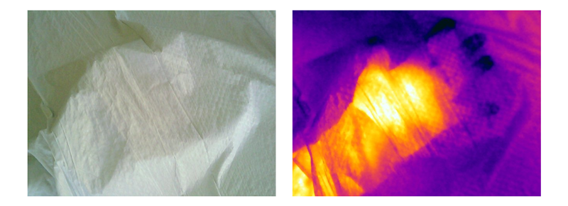 Visible and IR images of a plastic bag demonstrating opacity in the visible spectrum and transparency in the infrared wavebands.