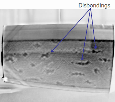 Thermal result image with voids (disbonds) in Carbon Fiber Structures with Foam Cores