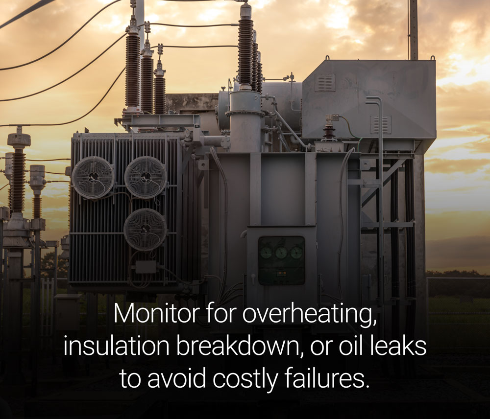 Power Transformers: Monitor for overheating, insulation breakdown, or oil leaks to avoid costly failures.