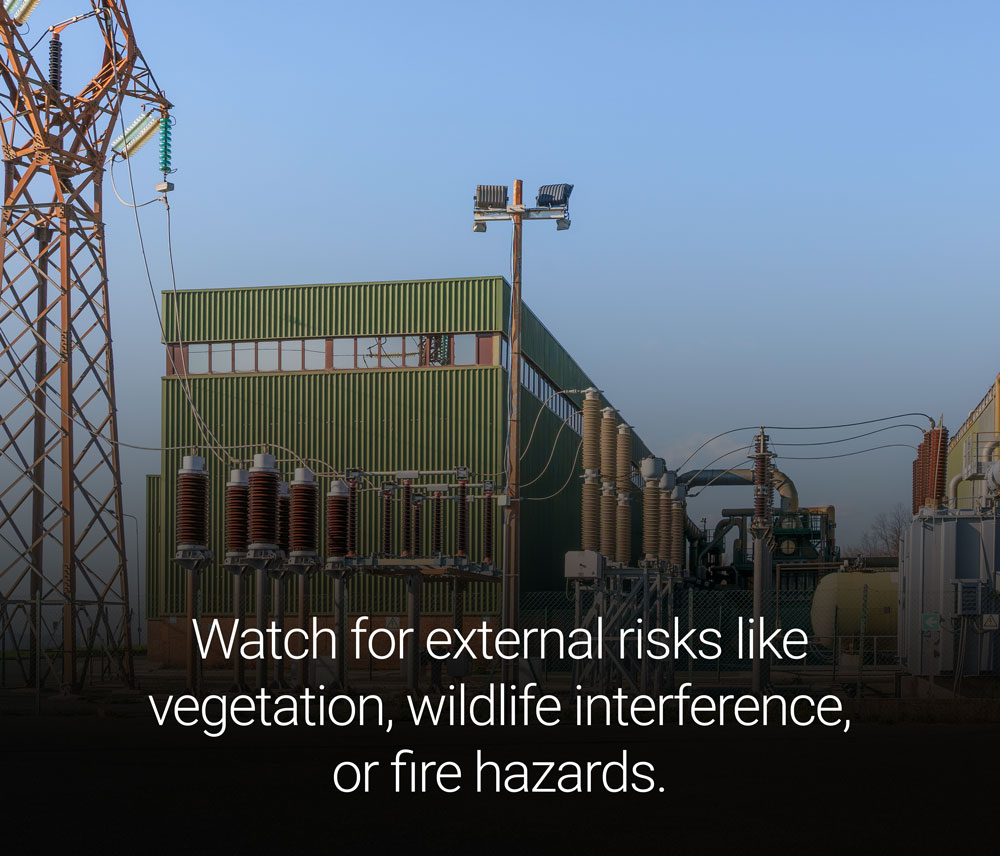 Yard Equipment & Perimeter: Watch for external risks like vegetation, wildlife interference, or fire hazards.