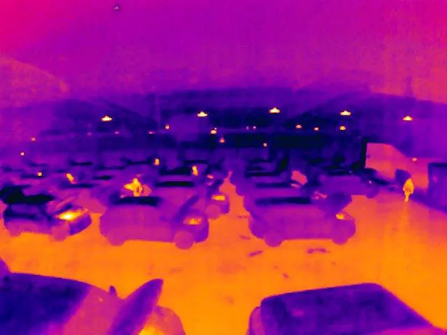 Thermal image of a battery energy storage and EV charging area displaying heat patterns across equipment and infrastructure.