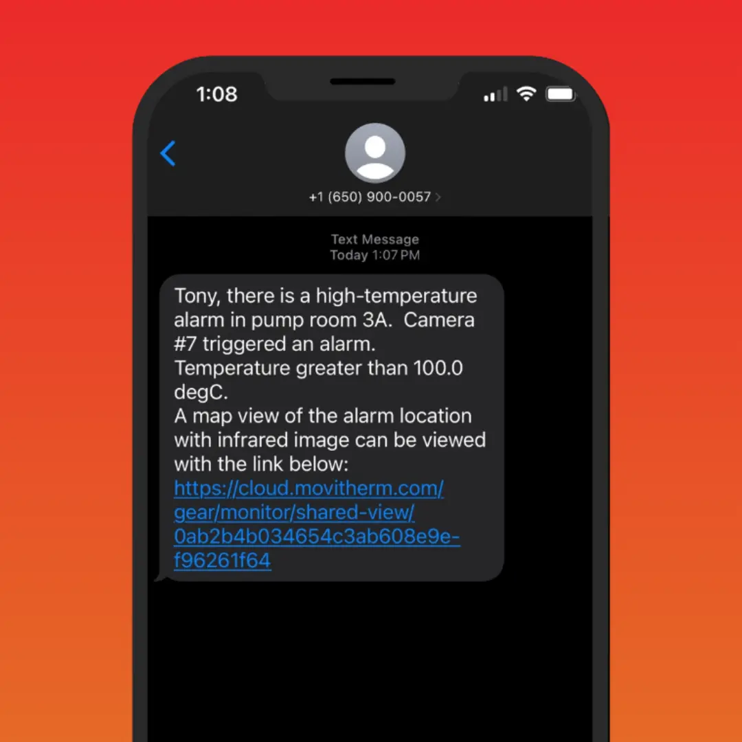 itl alerts example SMS text alert from a iTL Seek G300 thermal monitoring system showing a high-temperature alarm and thermal image link.